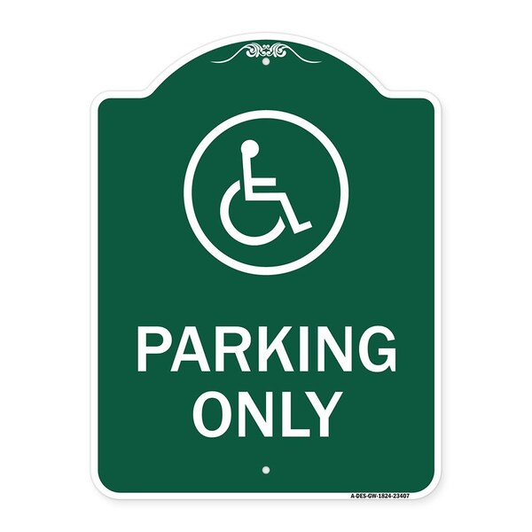 Parking With New Access Symbol, Green & White Aluminum Architectural Sign, 18" x 24", GW-1824-23407
